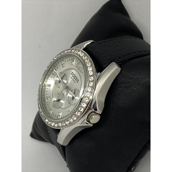 Fossil ES2203 Women's Black Leather Analog Silver Dial Quartz Wrist Watch EY731 - Picture 4 of 12